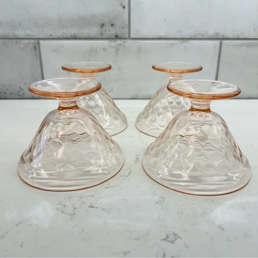 HAZEL ATLAS Vintage Diamond Optic Pink Champagne / Tall Sherbet Glasses Set of 4